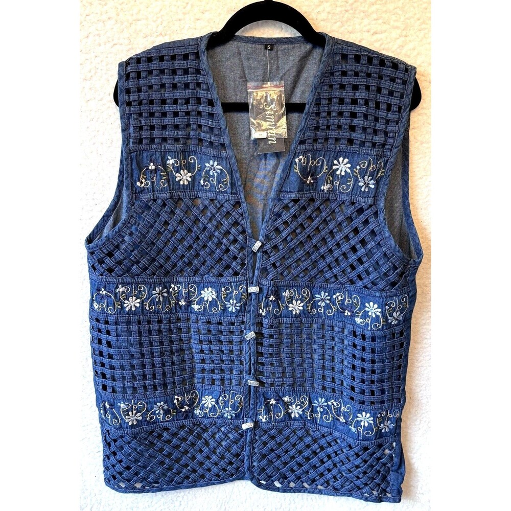 Simran Vintage Womens S‎ Small Blue Denim Vest Toggle Buttons Open Lattice